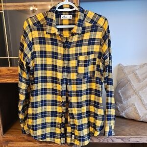 Hollister Yellow and Blue Plaid Button Down Shirt